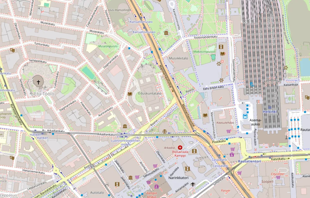 Kartta Helsingin keskustasta. Annapurna sijaitsee Mannerheimintiellä.