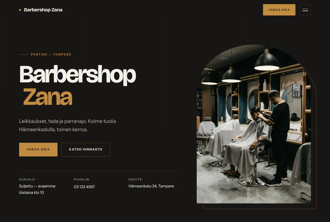 Barbershop Zanan esimerkkisivusto: tumma etusivu, jossa hinnasto ja yhteystiedot