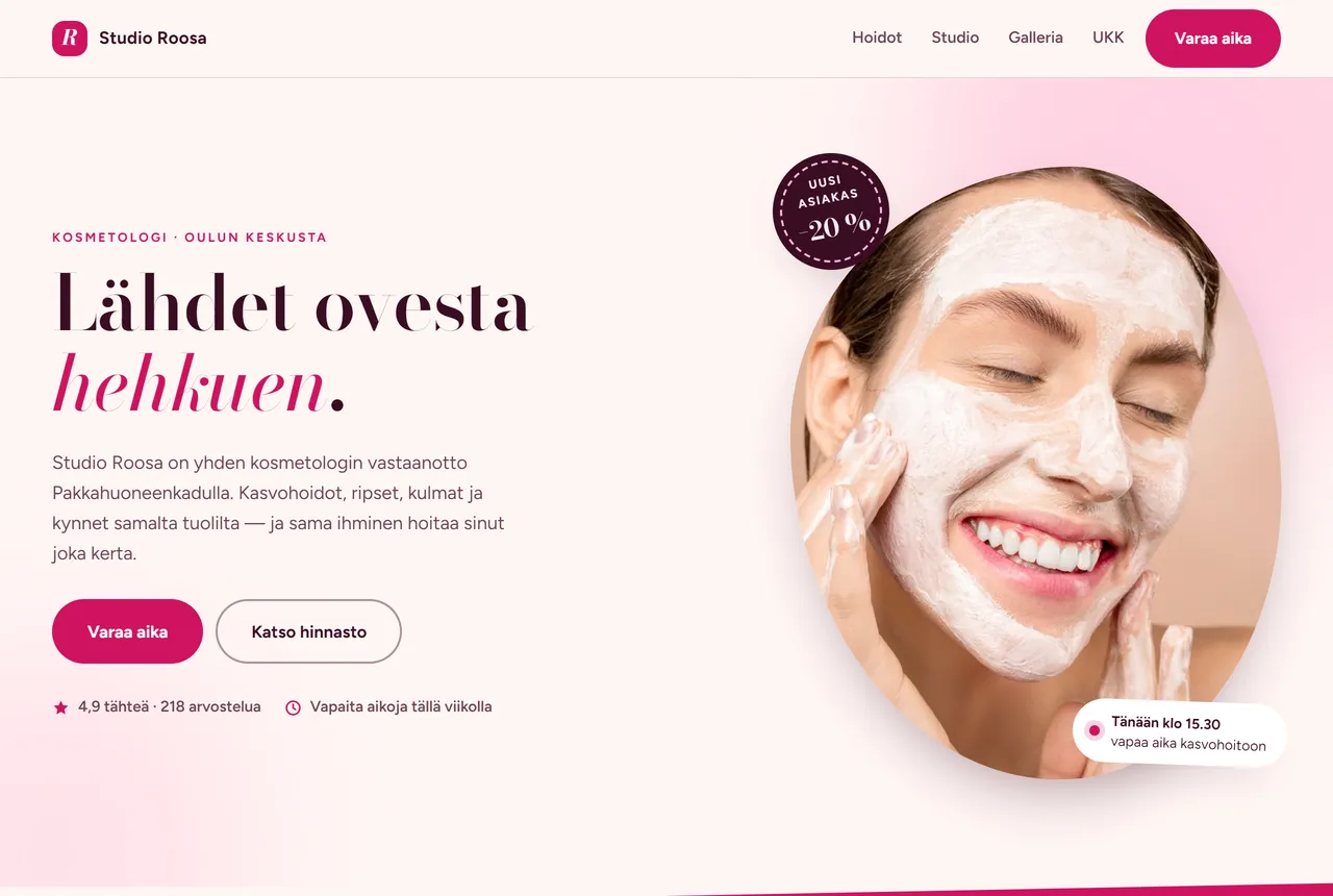 Studio Roosan esimerkkisivusto: vaaleanpunainen etusivu, jossa hoitolista ja ajanvaraus