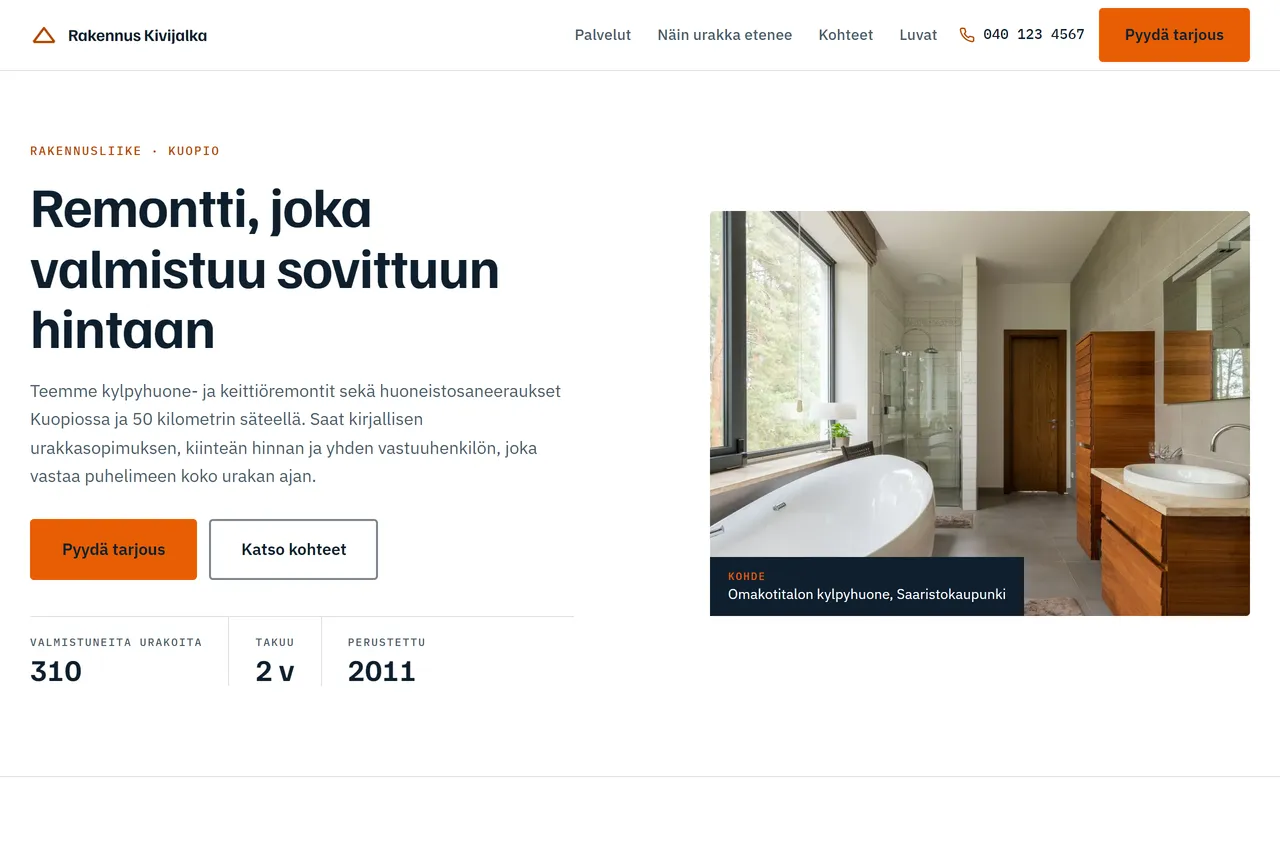 Rakennus Kivijalan esimerkkisivusto: valkoinen etusivu, jossa valmis kylpyhuoneremontti ja urakkatiedot