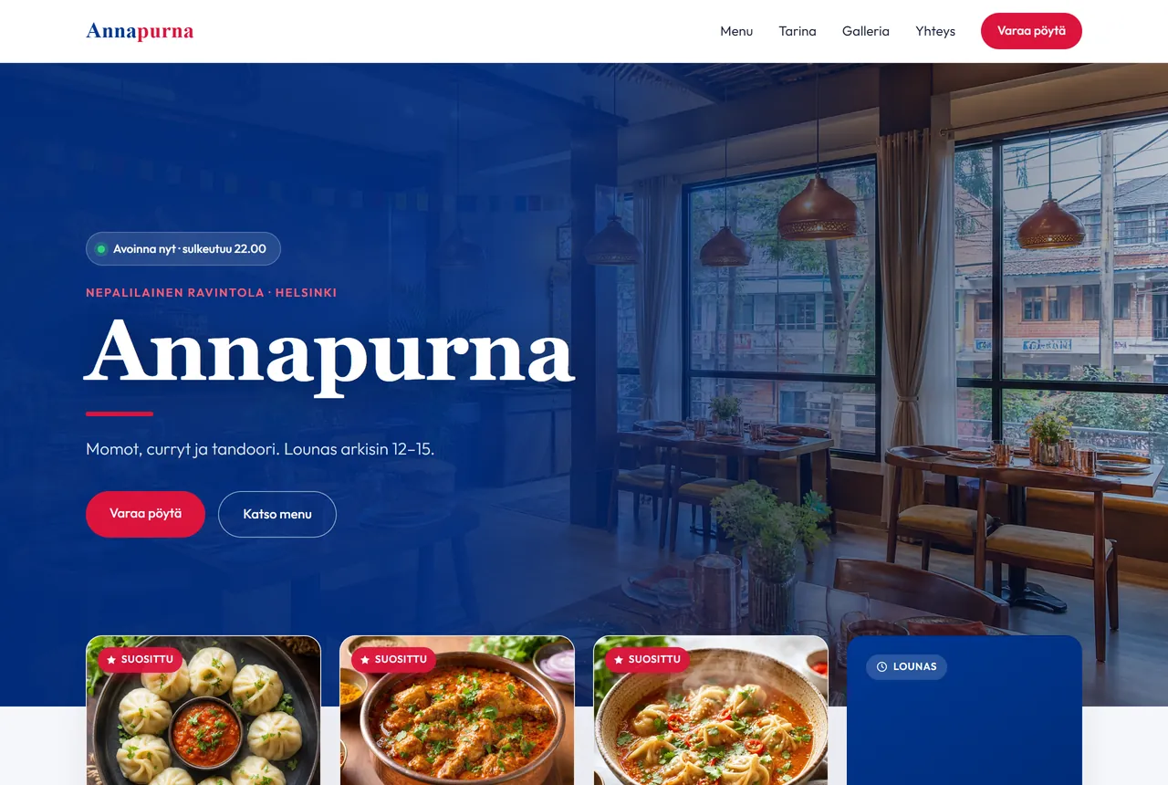Annapurna-ravintolan esimerkkisivusto: tumma etusivu, jossa ruokalista ja yhteystiedot