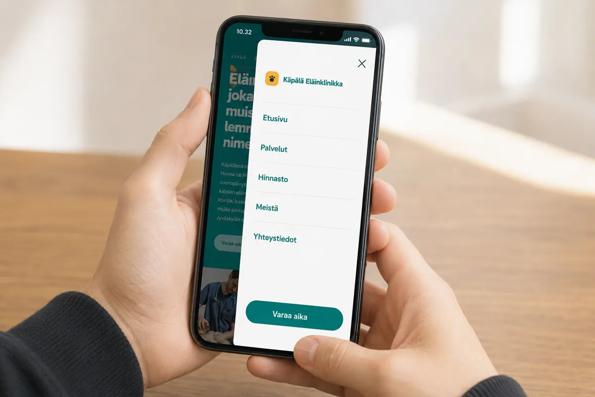 Käpälä Eläinklinikan mobiilivalikko auki puhelimessa: etusivu, palvelut, hinnasto, meistä ja yhteystiedot
