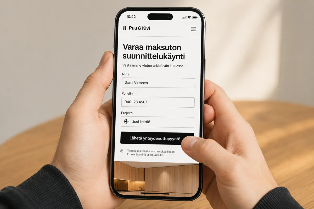 Puu & Kiven yhteydenottolomake puhelimessa: nimi, puhelin ja projektin tyyppi