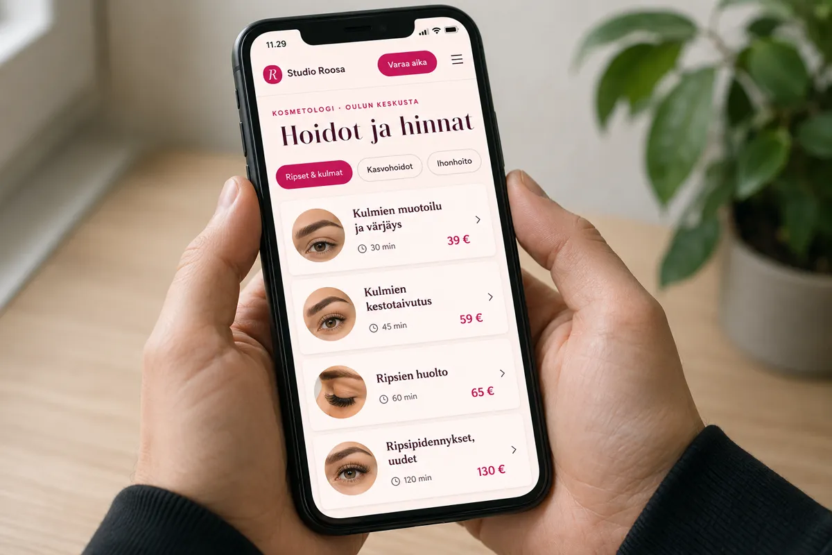 Studio Roosan hinnasto puhelimessa: hoitoryhmät välilehtinä, jokaisella hoidolla kesto ja hinta