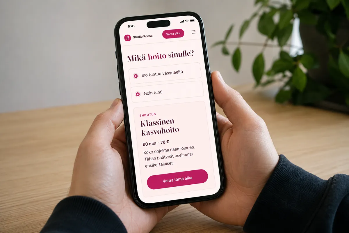 Studio Roosan hoitosuosittelija puhelimessa: kahteen kysymykseen annetut vastaukset ja niiden perusteella ehdotettu hoito hintoineen