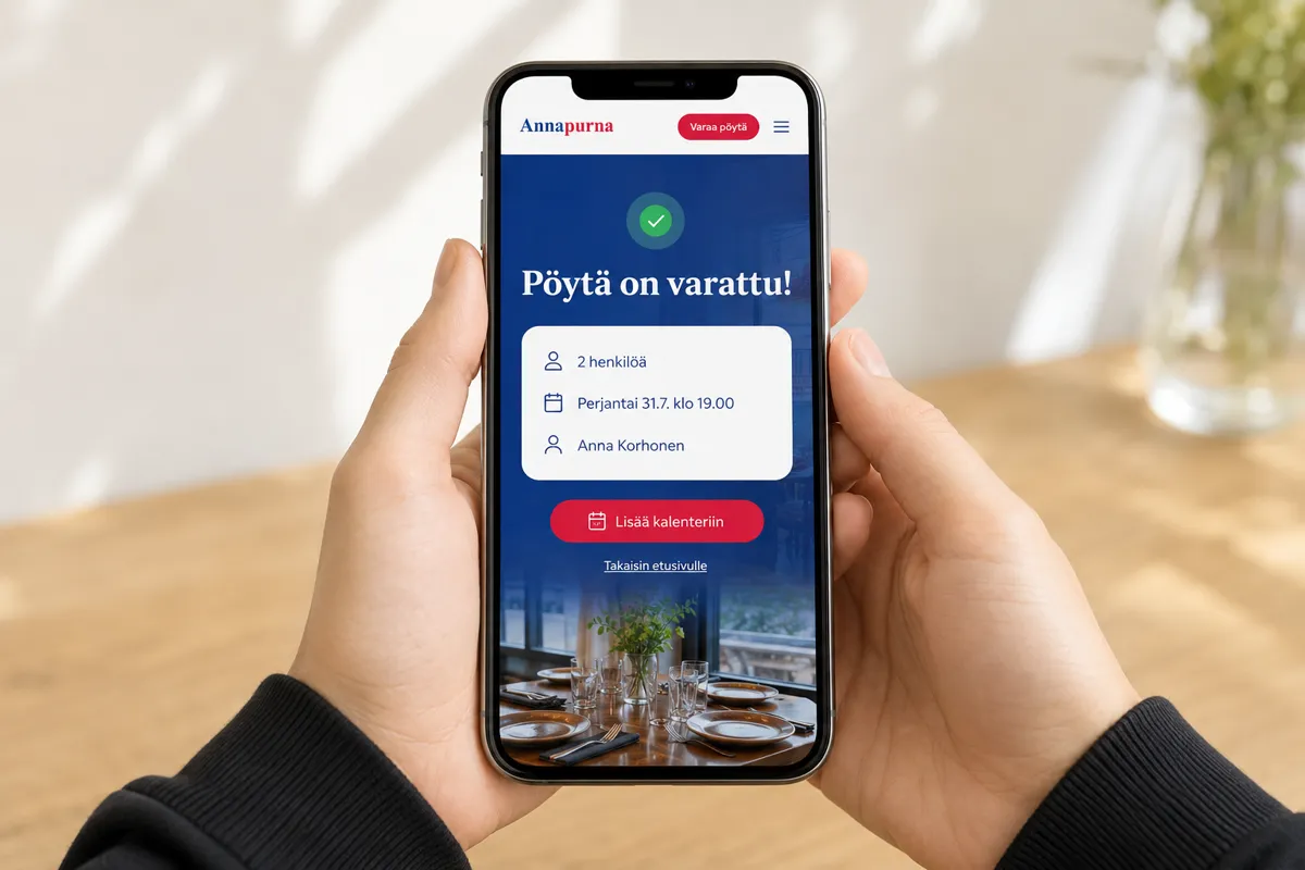 Annapurnan pöytävarauksen vahvistus puhelimessa: seurueen koko, aika ja varaajan nimi