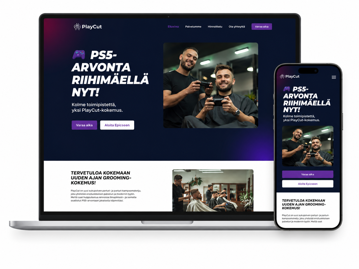 PlayCutin verkkosivusto kannettavalla tietokoneella ja puhelimessa
