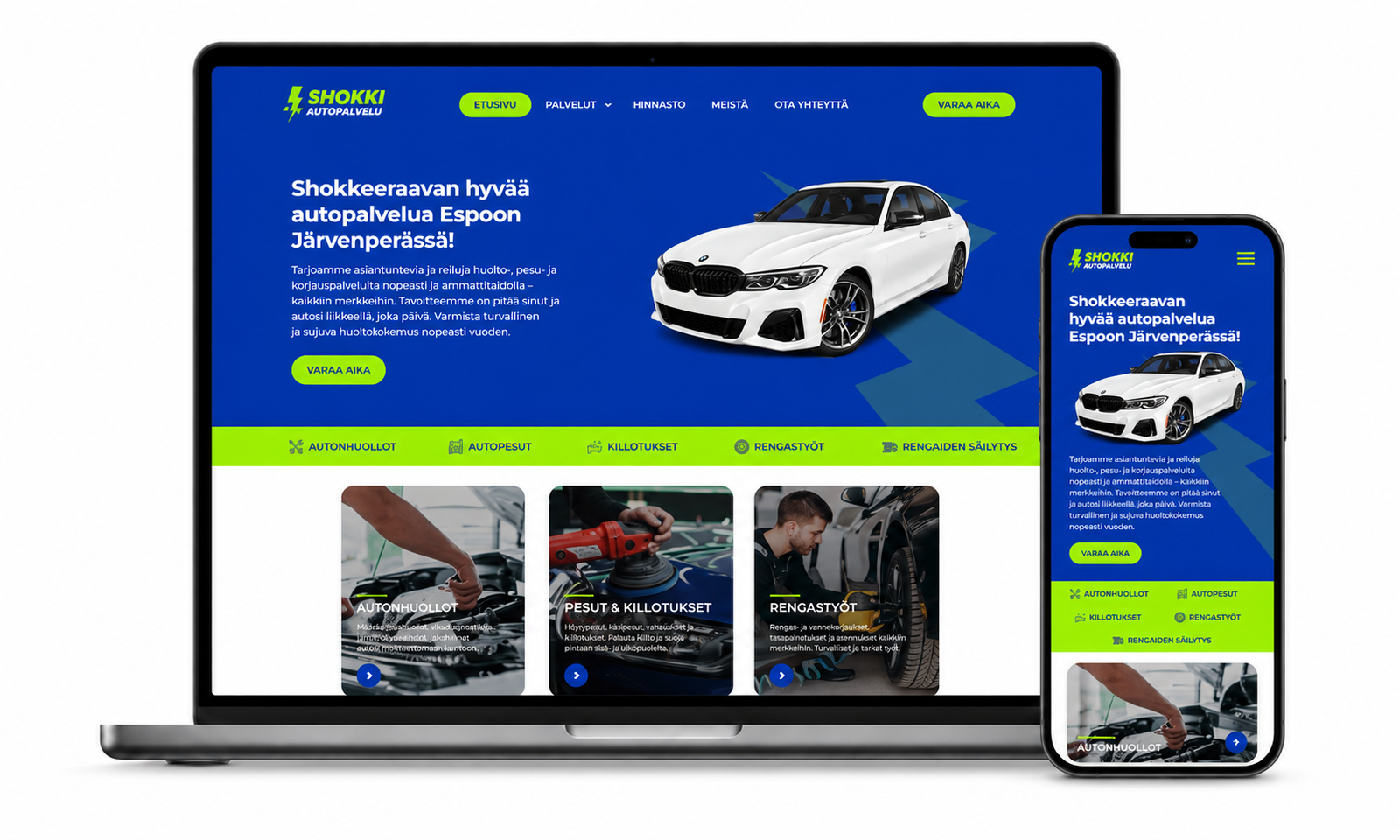 Shokki Autopalvelun verkkosivusto kannettavalla tietokoneella ja puhelimessa